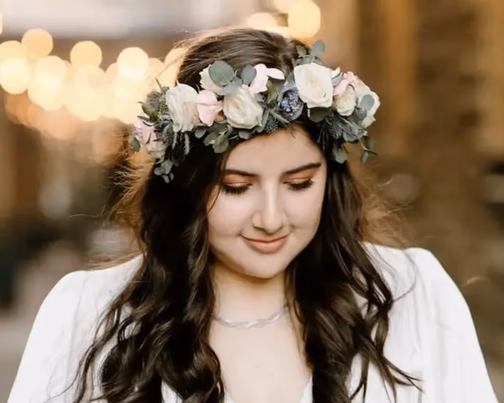 modern wedding floral crown and bouquets