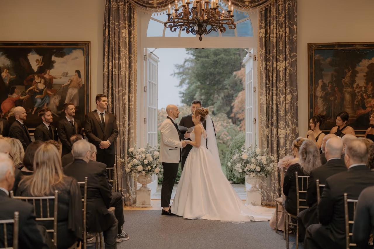 Wedding ceremony setup inside historic Connecticut mansion