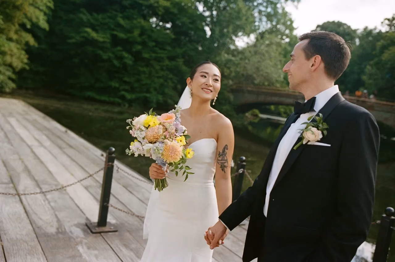 Bride holding bouquet during wedding portraits