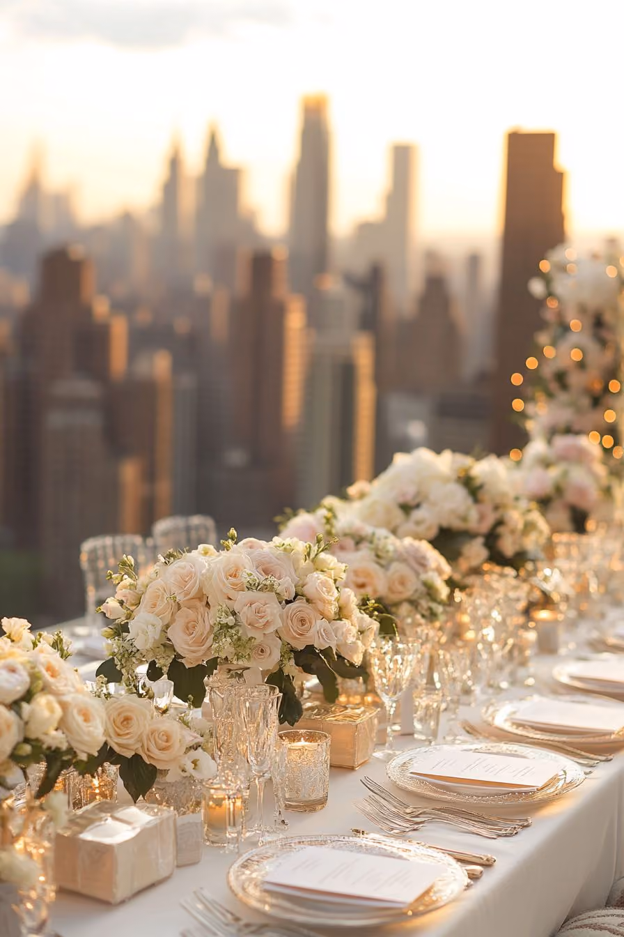 structured wedding centerpiece with blush palette at elevated New York City venue with skyline view