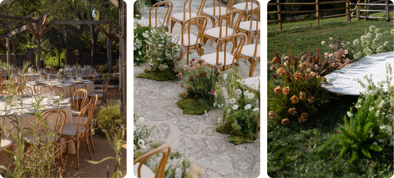 Whimsical garden party wedding trend for 2027: an outdoor reception under a tree canopy with bentwood chairs, a ceremony aisle lined with moss and white meadow flowers, and loose peach and white garden florals growing out of the lawn