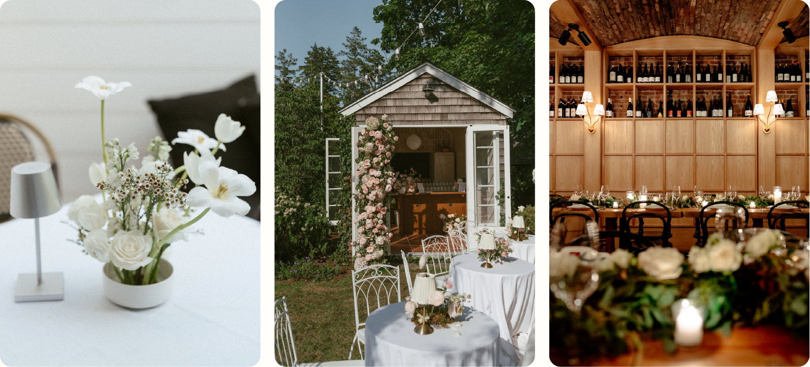 Intentional micro wedding florals for 2027: a white calla lily and wildflower centerpiece in a small vase, an intimate garden shed ceremony framed by a pink floral cloud, and a candlelit reception table with white garden roses in a wood-paneled dining room