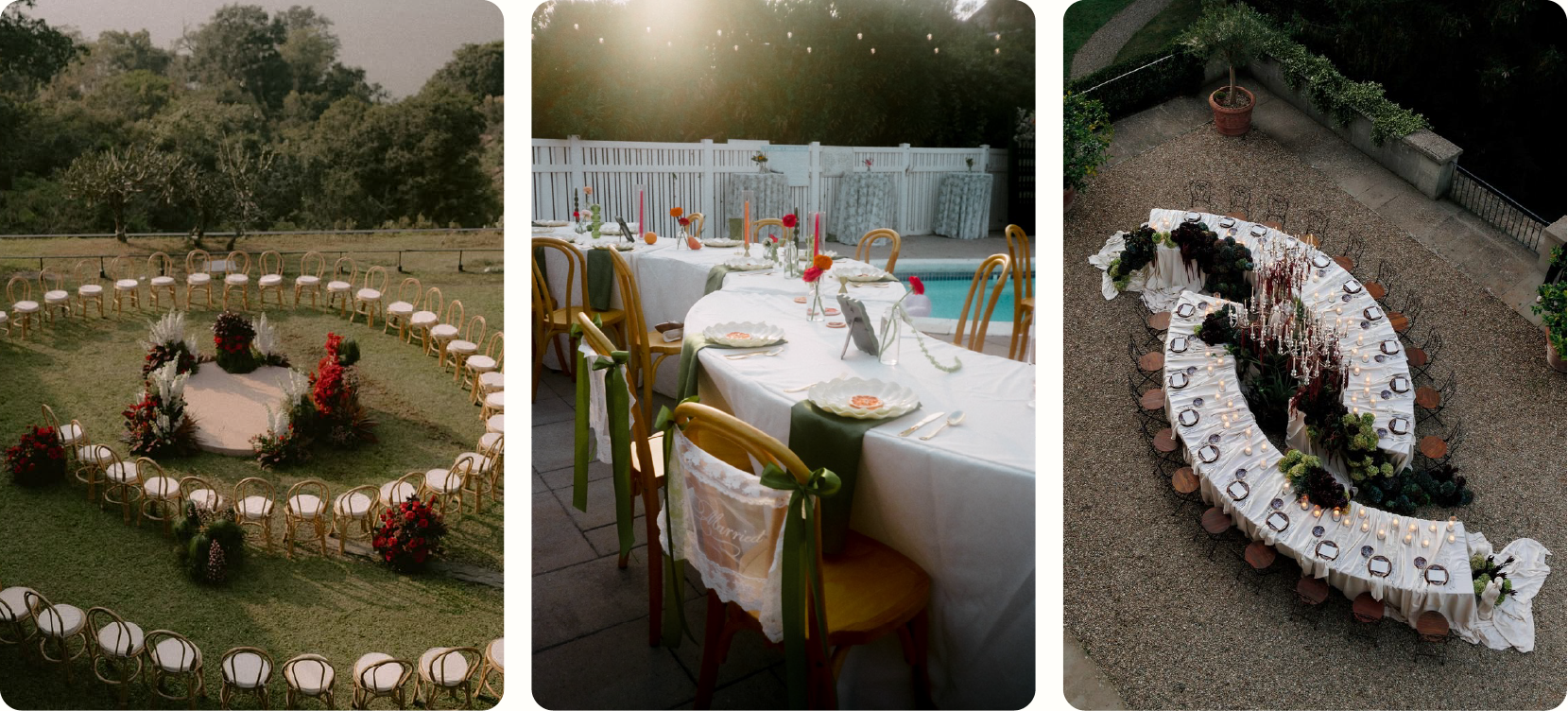 Non-traditional wedding layouts for 2027: a circular outdoor ceremony with chairs arranged around red floral arrangements, a round poolside reception table with red flowers and wooden chairs, and an aerial view of a curved serpentine table with florals down the center