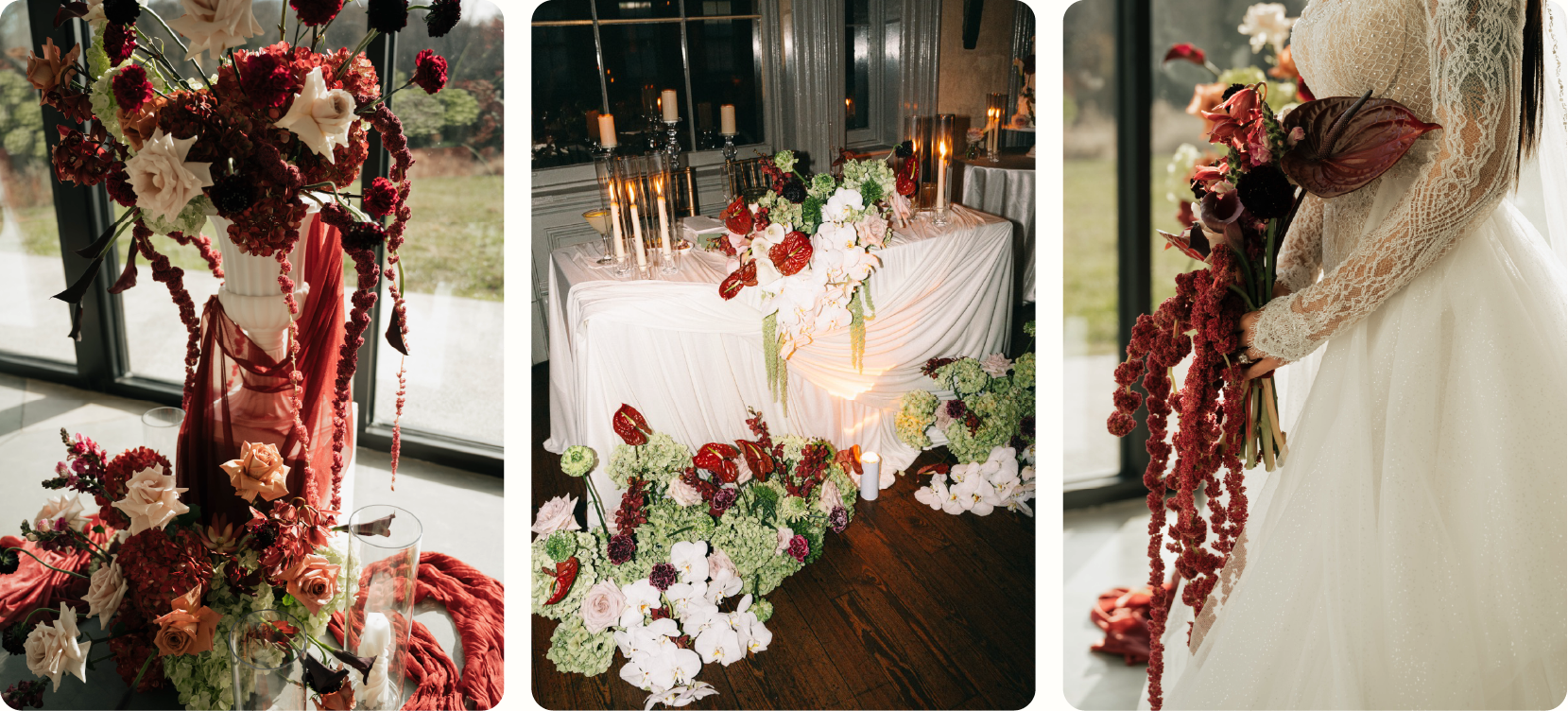 Moody romance wedding florals for 2027: a burgundy and red floral installation with hanging amaranthus and draped fabric, a candlelit sweetheart table with deep red and white flowers, and a bride holding a cascading burgundy bouquet with trailing amaranthus