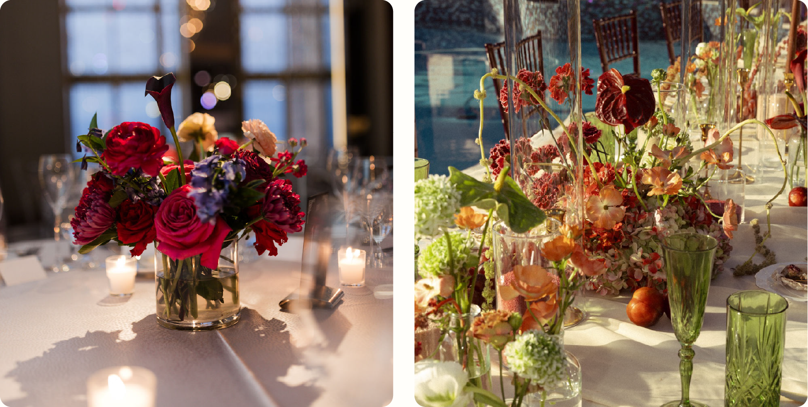 Jewel tones to moody romance wedding trend: a bright centerpiece of red, pink and purple jewel-tone flowers next to a moody tablescape of burgundy, rust and peach blooms with green glassware