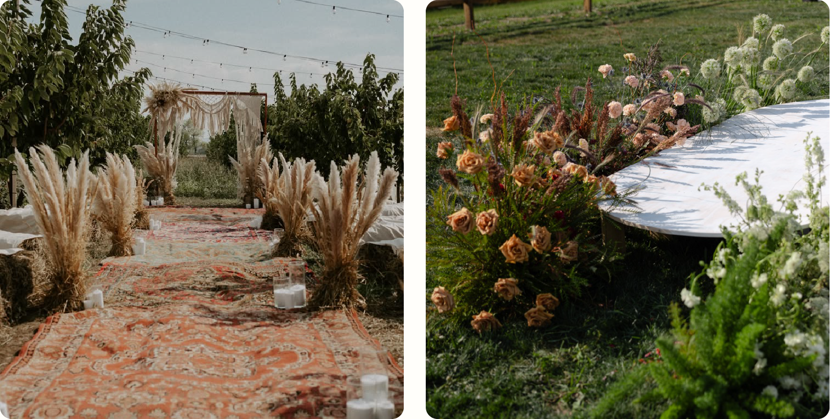 Boho to garden wedding trend evolution: a boho ceremony aisle lined with pampas grass and vintage rugs next to a garden-style aisle with peach and white flowers growing from the lawn