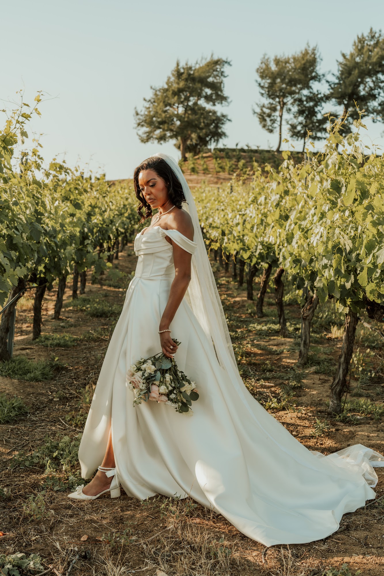 Bride in an off-the-shoulder gown and long veil holding a blush and white rose bouquet in the vineyard rows at Callaway Vineyard & Winery