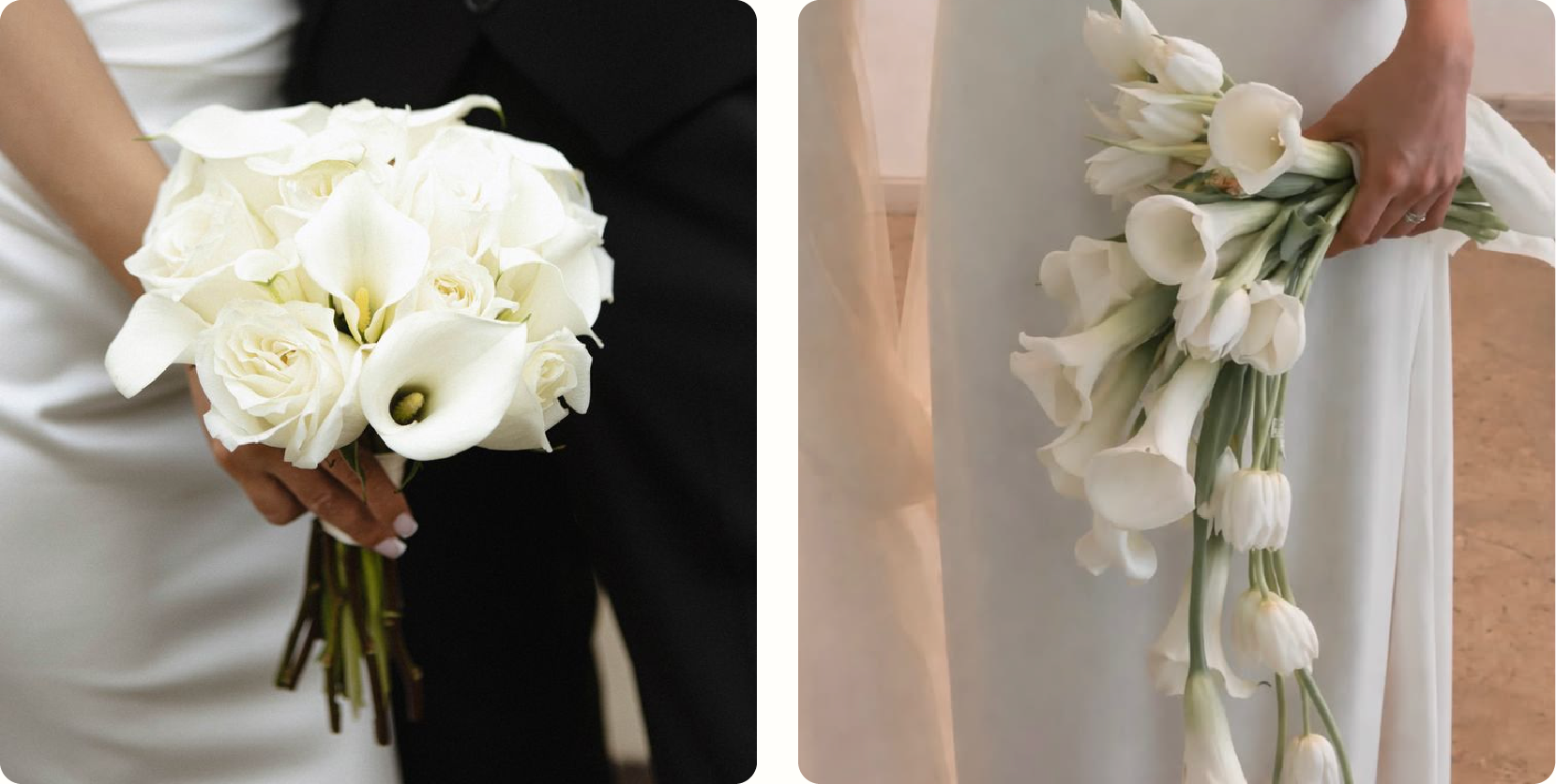 Classic to sculptural bridal bouquet trend: a tight round bouquet of white calla lilies and roses next to a sculptural cascading calla lily bouquet with long exposed stems