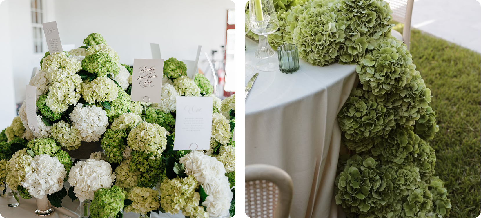 Monobloom hydrangea designs: a seating chart display of massed lime and white hydrangea, and an all-green hydrangea garland spilling off a round table onto the grass