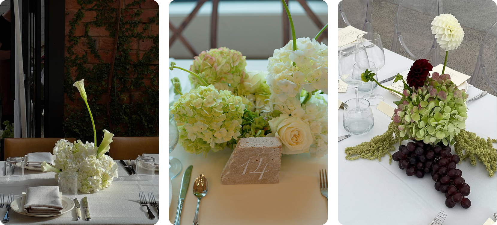 Asymmetrical hydrangea centerpieces: a low white hydrangea mound with one tall curving calla, lime and white hydrangea with white callas and trailing green amaranthus, and antique green hydrangea with burgundy dahlias and dark grapes
