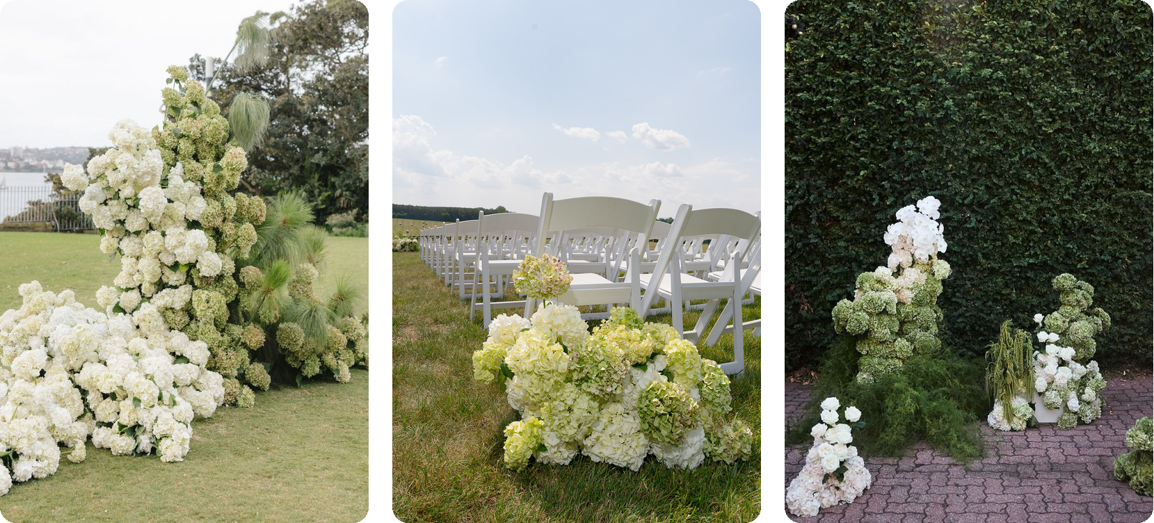 Hydrangea ceremony installations in white and green: a sculptural ground installation by the water, lime and white hydrangea mounds lining an outdoor aisle, and white and green pieces set against a hedge wall