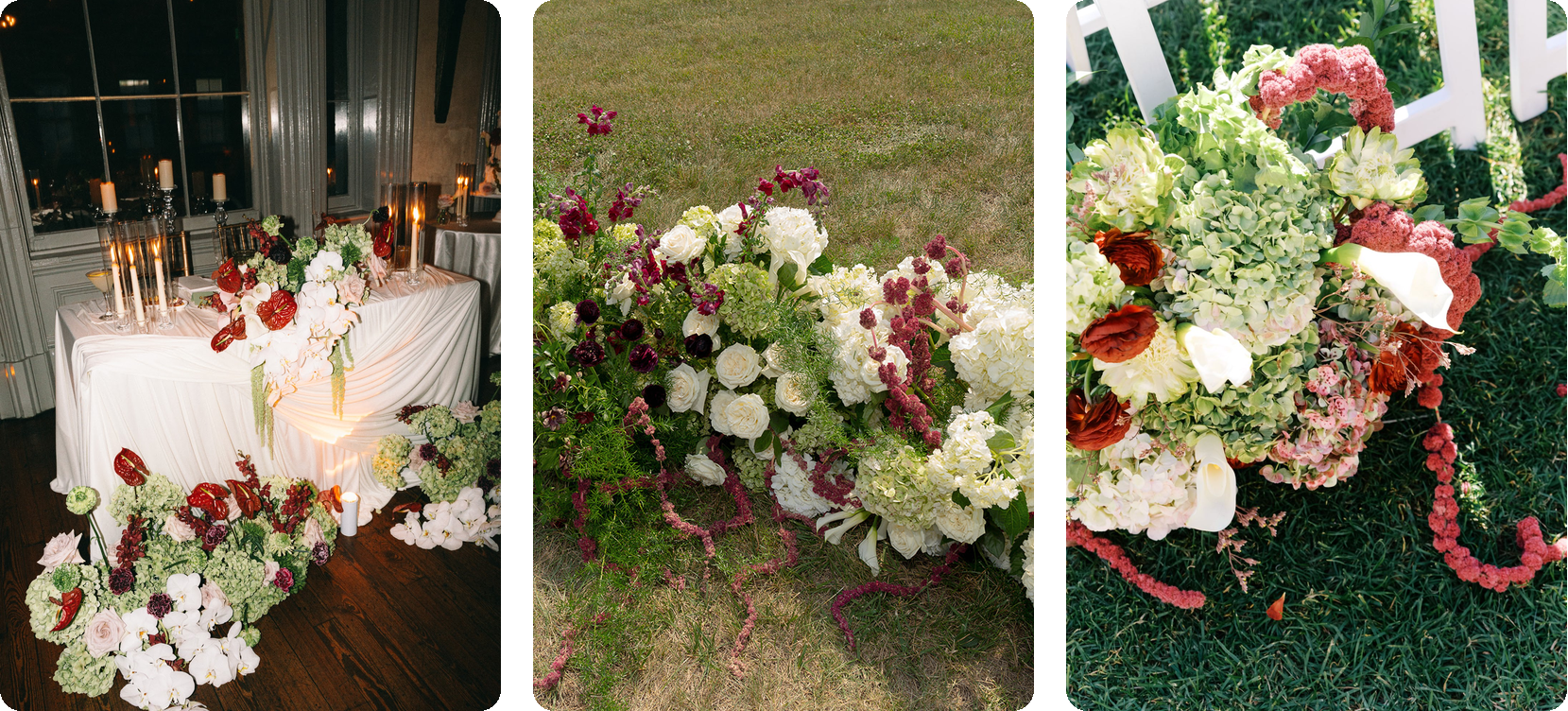 Poppy hydrangea installations: green hydrangea with red anthurium and white orchids on the floor around a candlelit sweetheart table, a white and lime hydrangea ceremony meadow with burgundy amaranthus, and an antique hydrangea aisle arrangement with callas and coral amaranthus