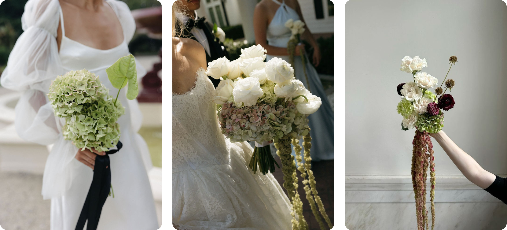 Modern hydrangea bouquets: green hydrangea with a single anthurium and a black ribbon, white garden roses over antique hydrangea with trailing green amaranthus, and a sculptural bouquet with burgundy blooms and trailing red amaranthus