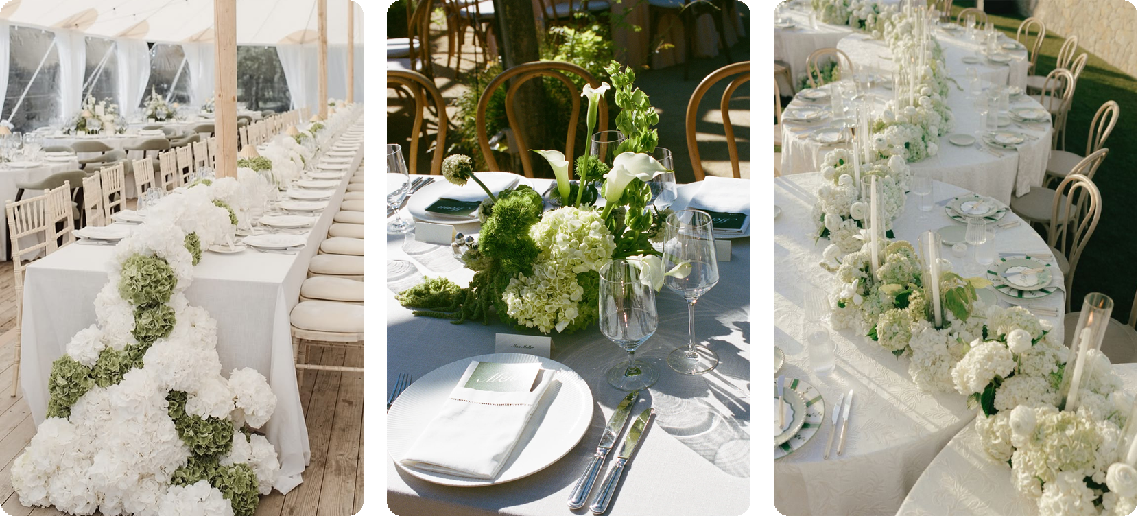 Hydrangea table runners and garlands: a white and green hydrangea runner cascading off a long tented table, a lime hydrangea runner with white callas and hanging amaranthus, and a white hydrangea garland winding across serpentine tables