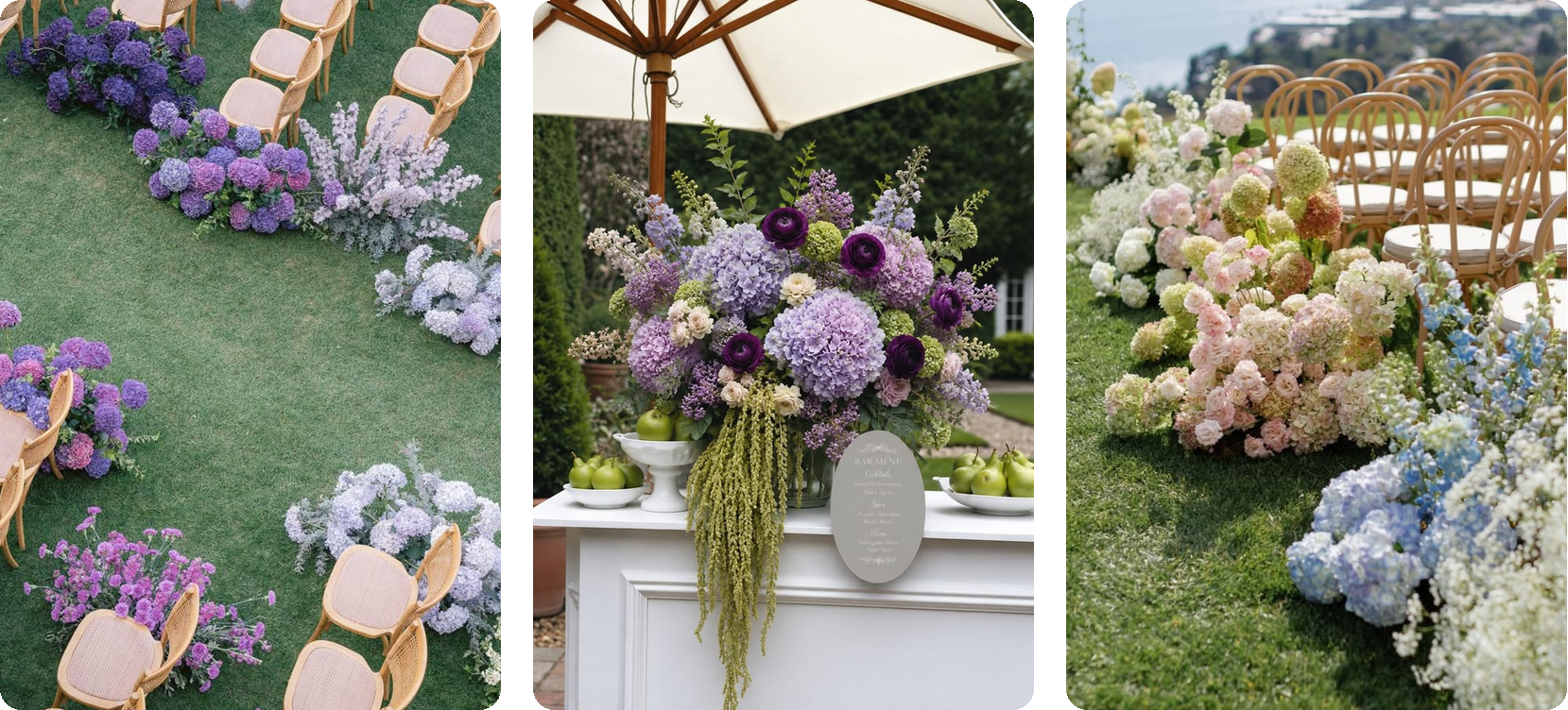 Lilac and pastel hydrangea ideas: a ceremony aisle meadow in purple, lilac and lavender, a lilac hydrangea bar arrangement with plum ranunculus and hanging green amaranthus, and a pastel aisle of blush, white and blue hydrangea with delphinium